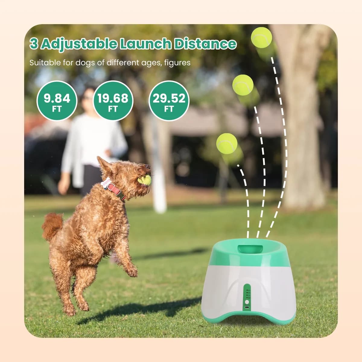 The three launch distances of the Kindral ball launcher, three, six and nine metres