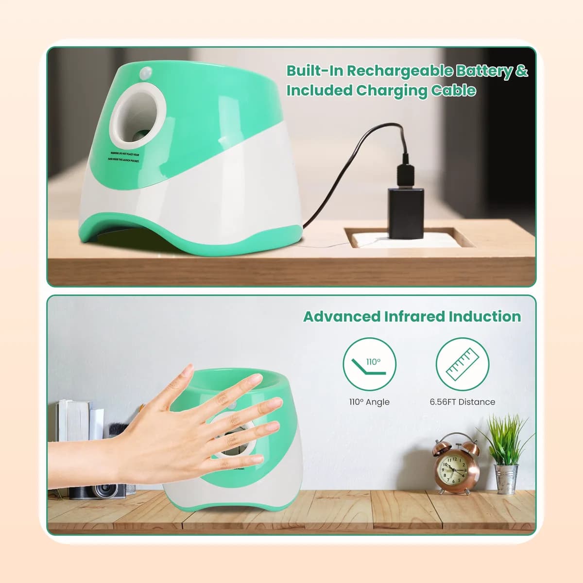 The Kindral ball launcher charging over its USB-C cable