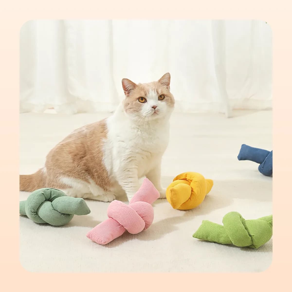 Cat beside three Kindral knot kickers on a rug