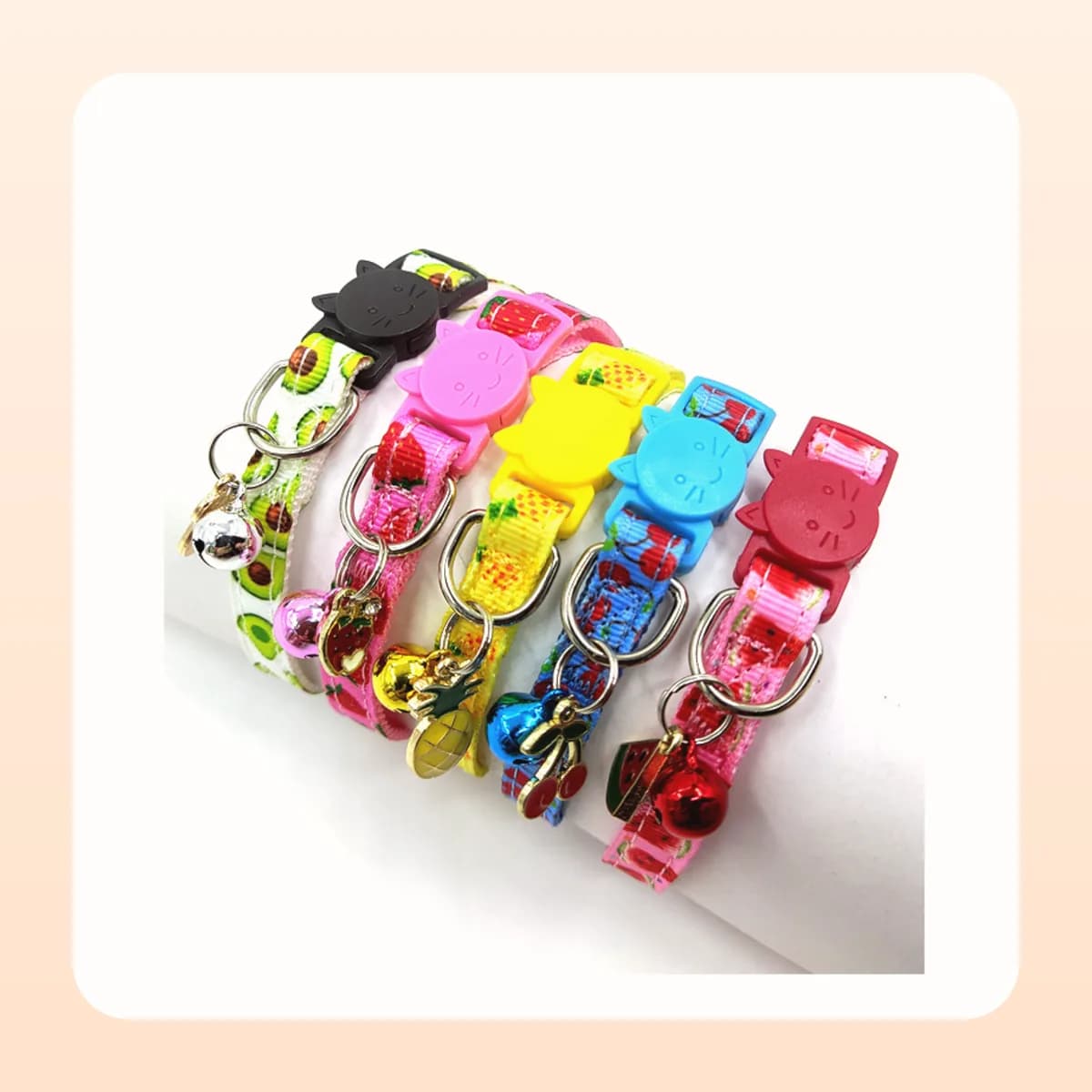 All five Kindral fruit print cat collars together