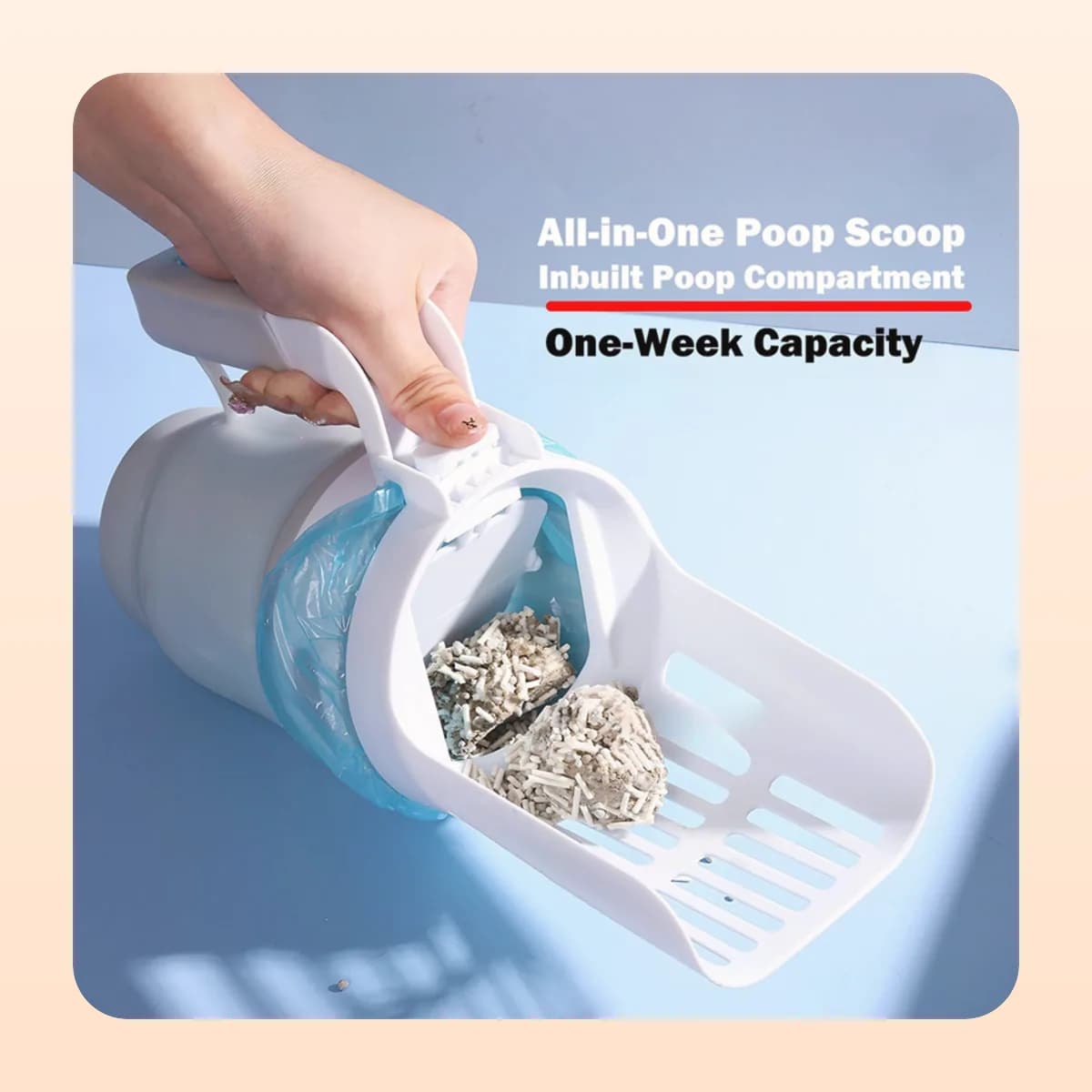 The Kindral scoop's built-in waste compartment holds a week