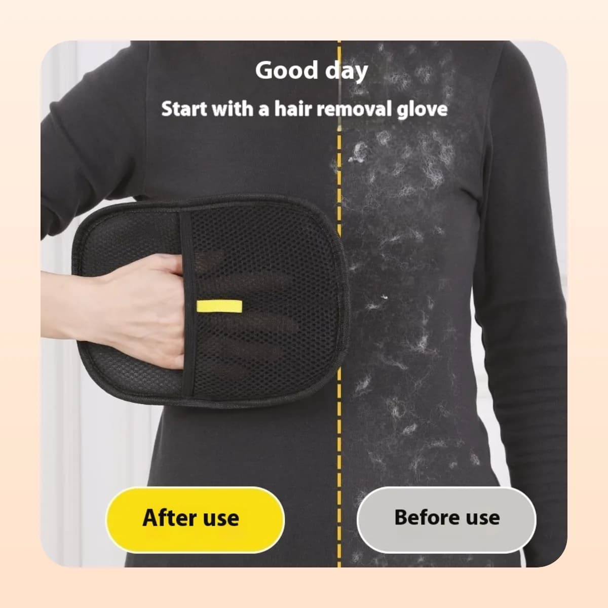 A jumper before and after the Kindral hair mitt