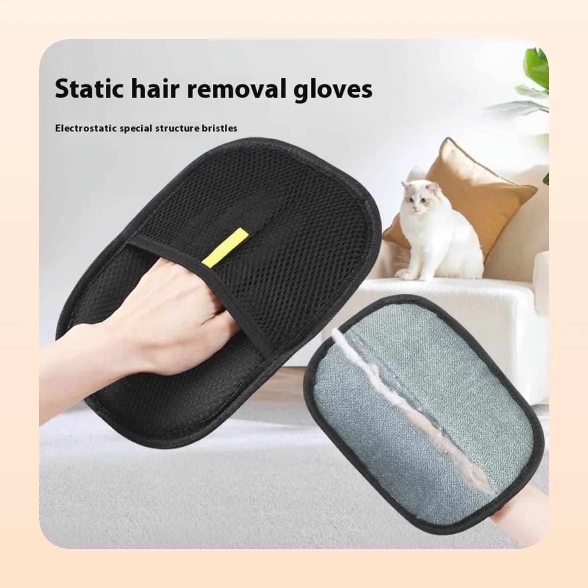 Using the Kindral hair mitt on furniture with a cat nearby