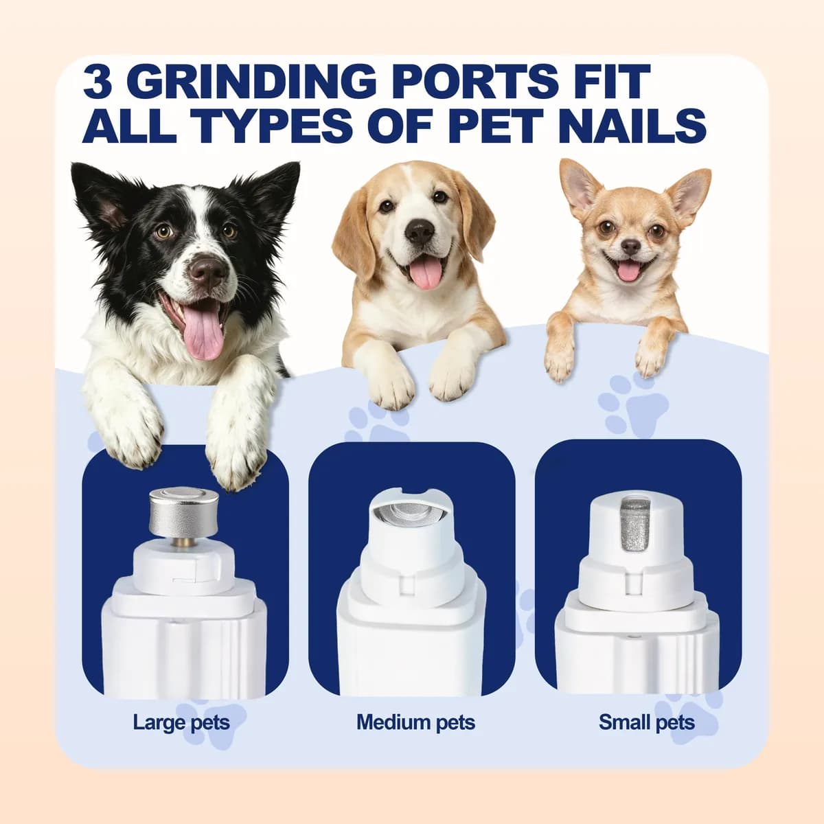 Three grinding ports sized for small, medium and large pets