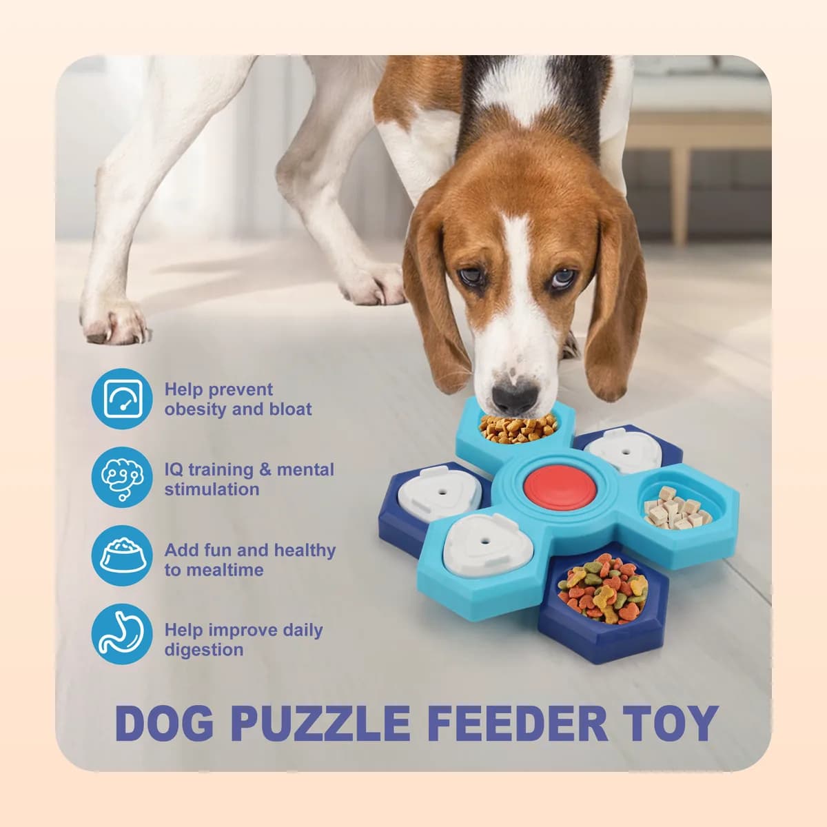 Beagle working at the Kindral puzzle feeder