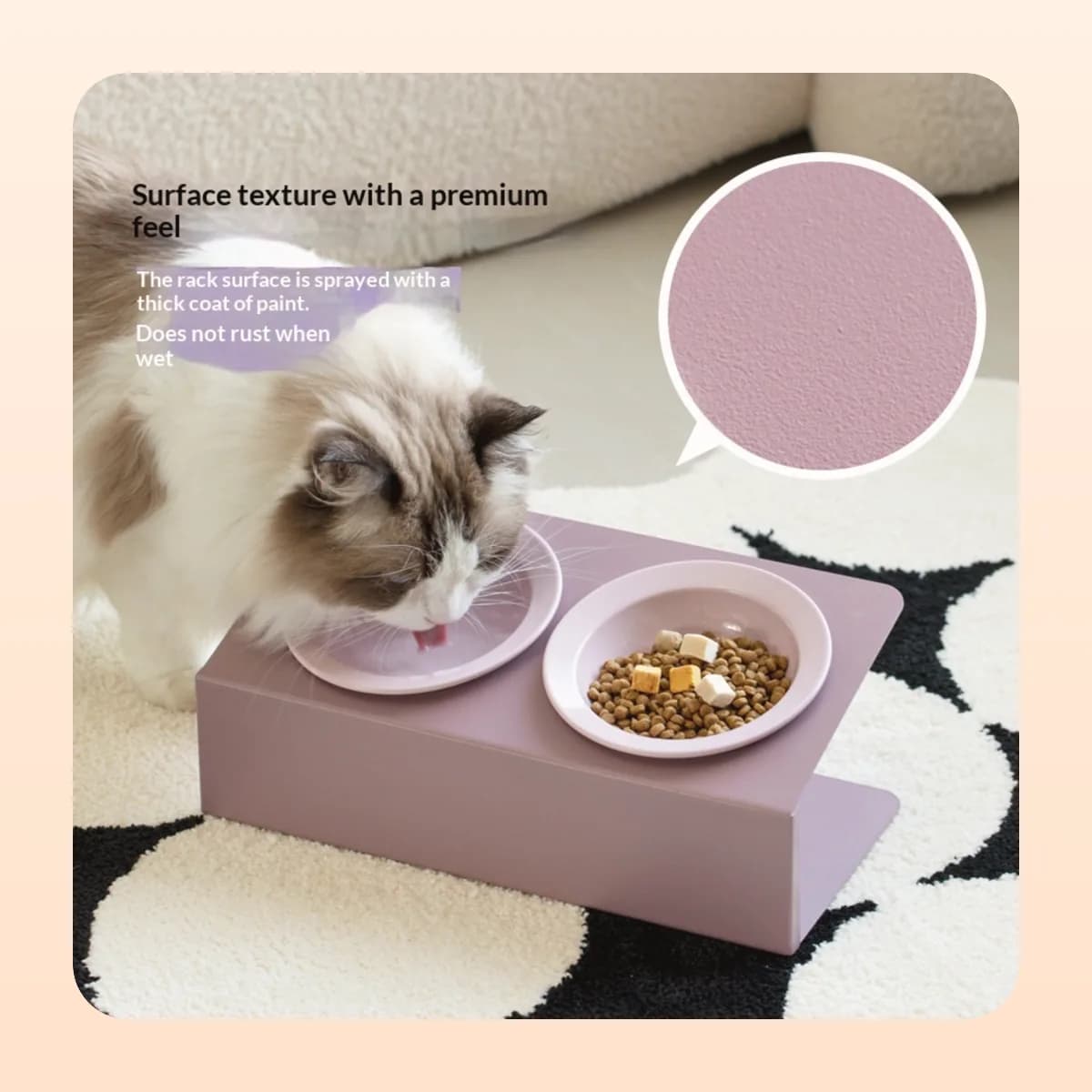 Cat eating from the Kindral tilted double bowl stand