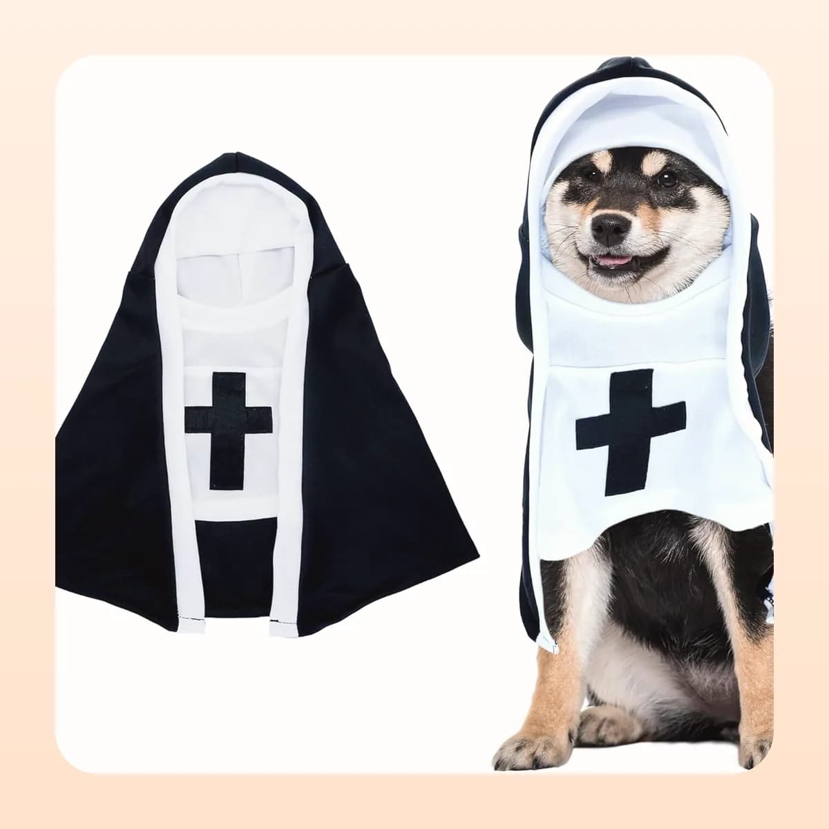 The Kindral hooded habit shown flat beside a dog wearing it