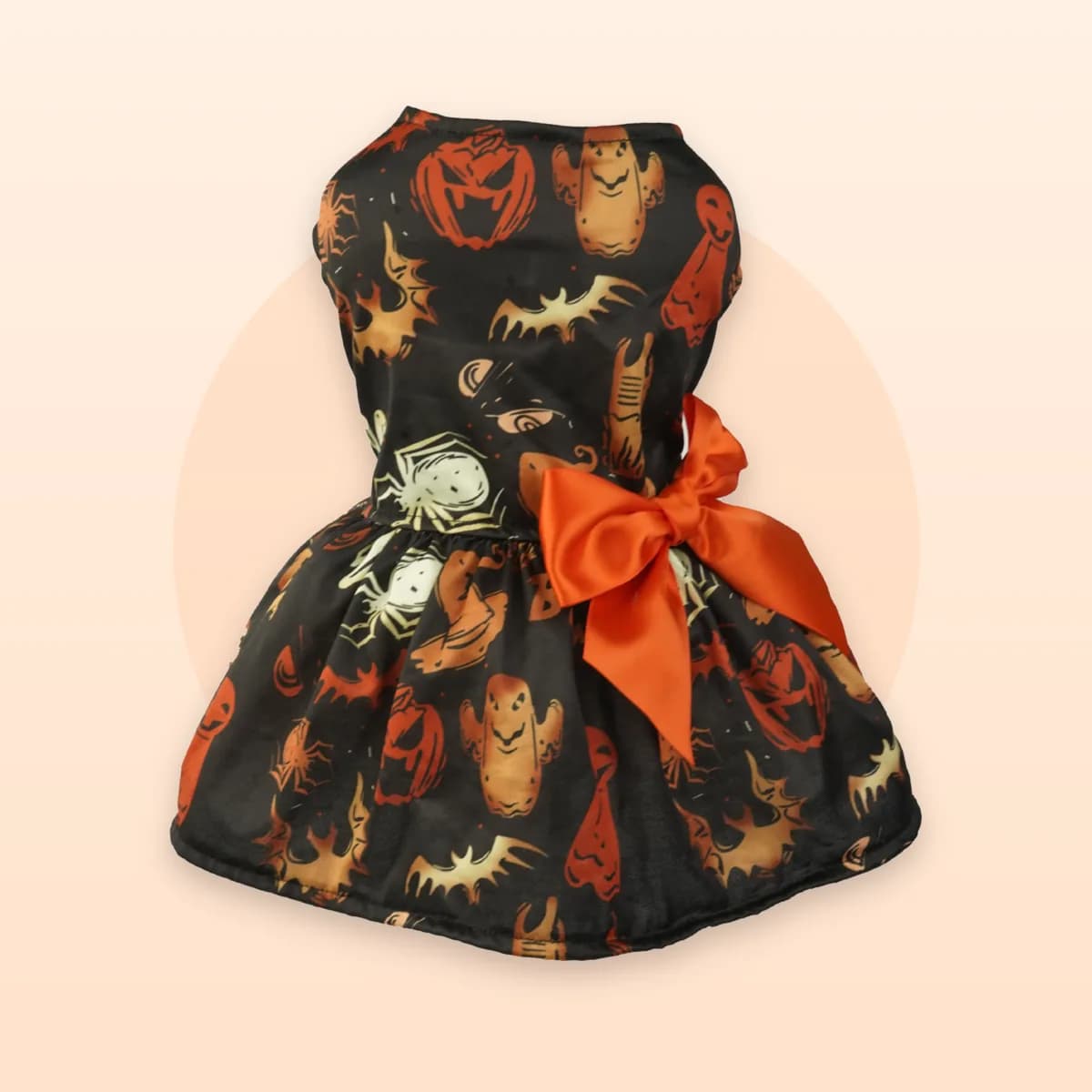 Kindral satin pumpkin print pet dress shown flat