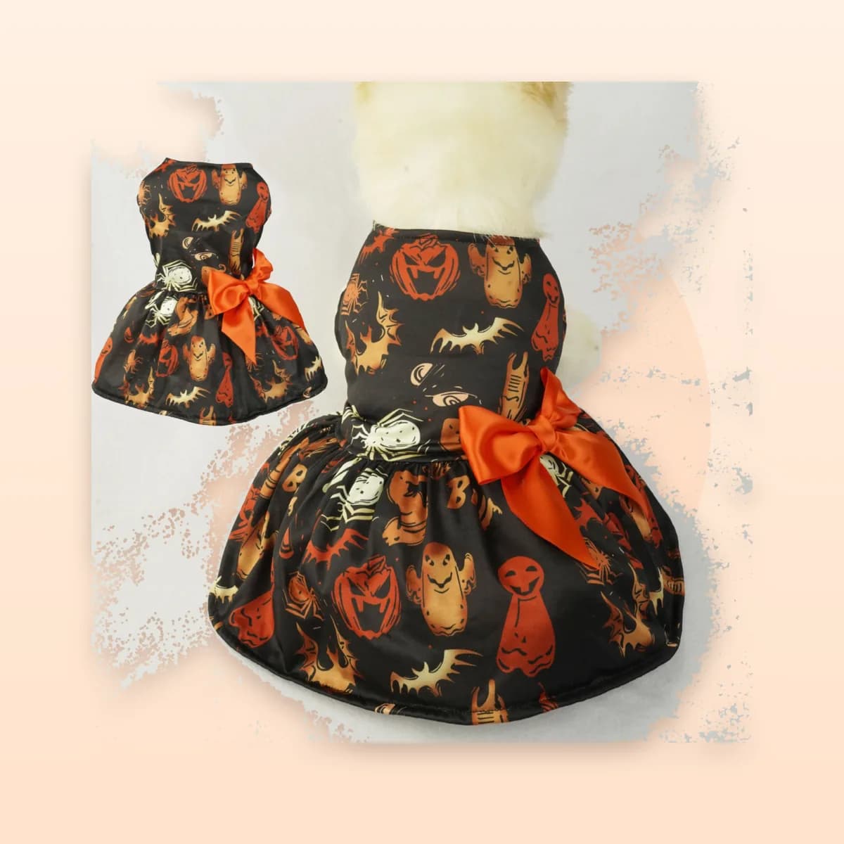 Two sizes of the Kindral pumpkin print pet dress side by side