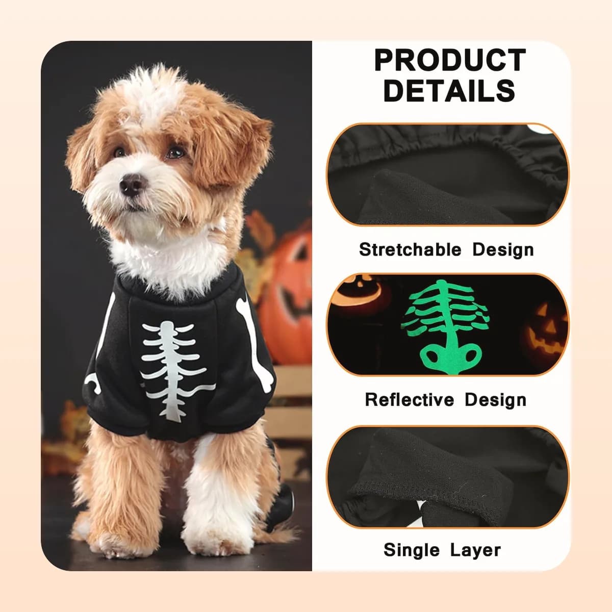 Small dog in the Kindral skeleton jumpsuit among carved pumpkins