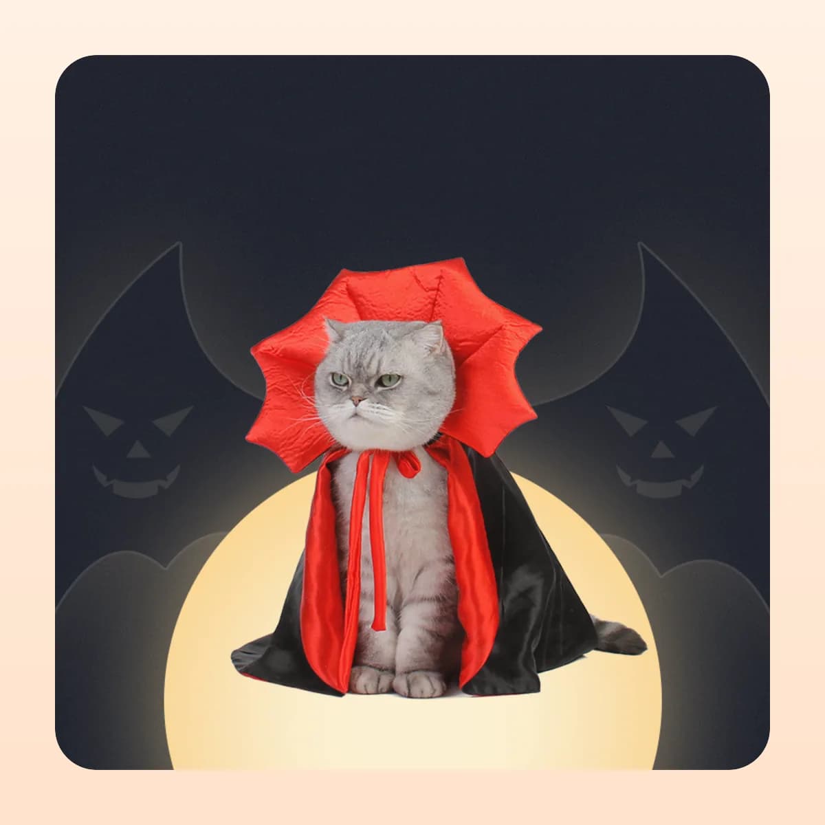 Cat wearing the Kindral satin vampire cape against a moonlit backdrop