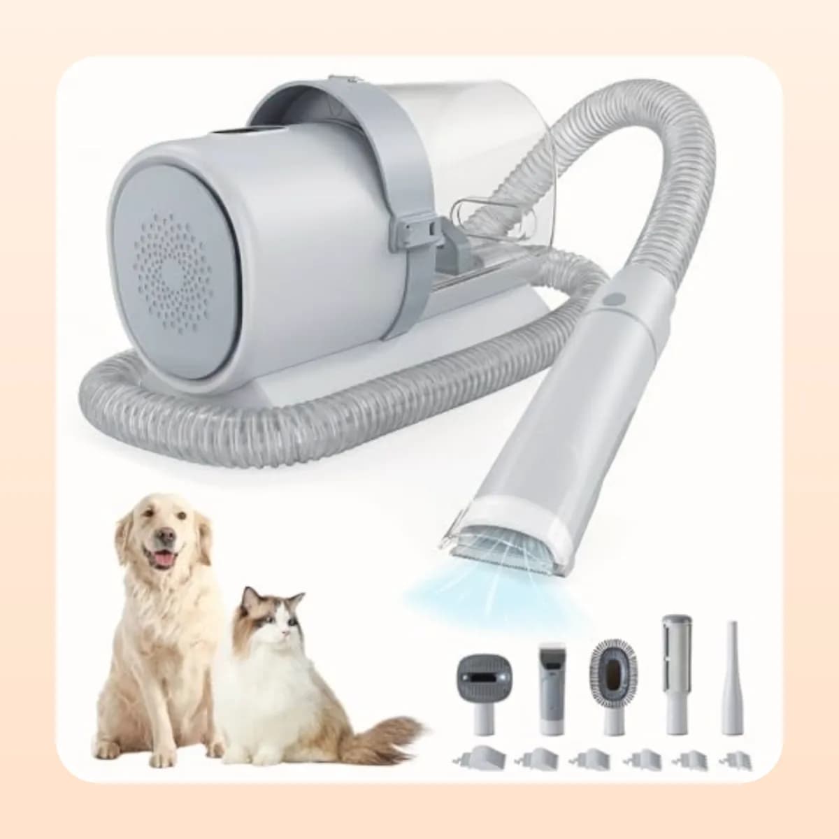 Kindral pet grooming vacuum and clipper kit in grey with its five attachment heads