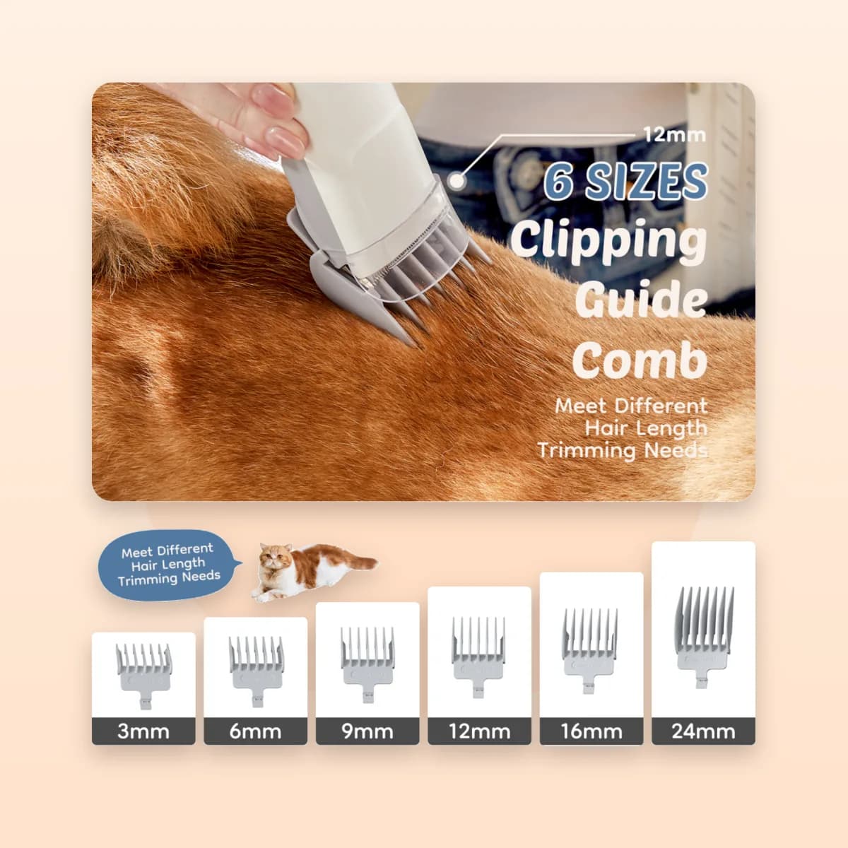 The six clipping guide combs, from 3mm to 24mm, laid out in order