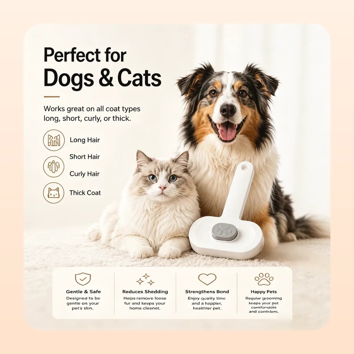 Suits long, short, curly and thick coats on dogs and cats