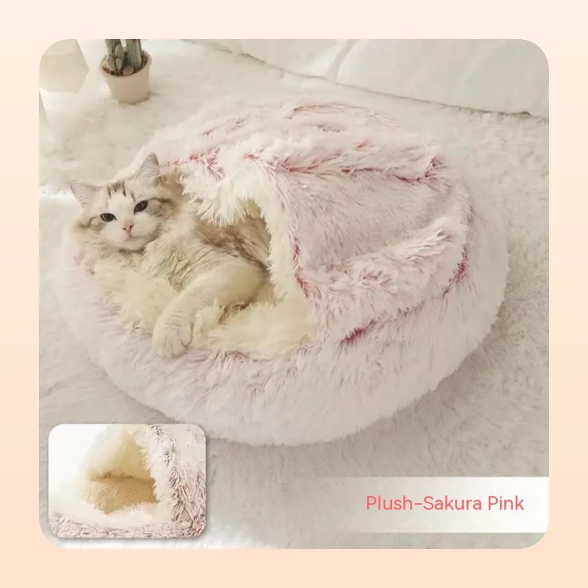 Kindral plush burrow bed in sakura pink with the hood folded back