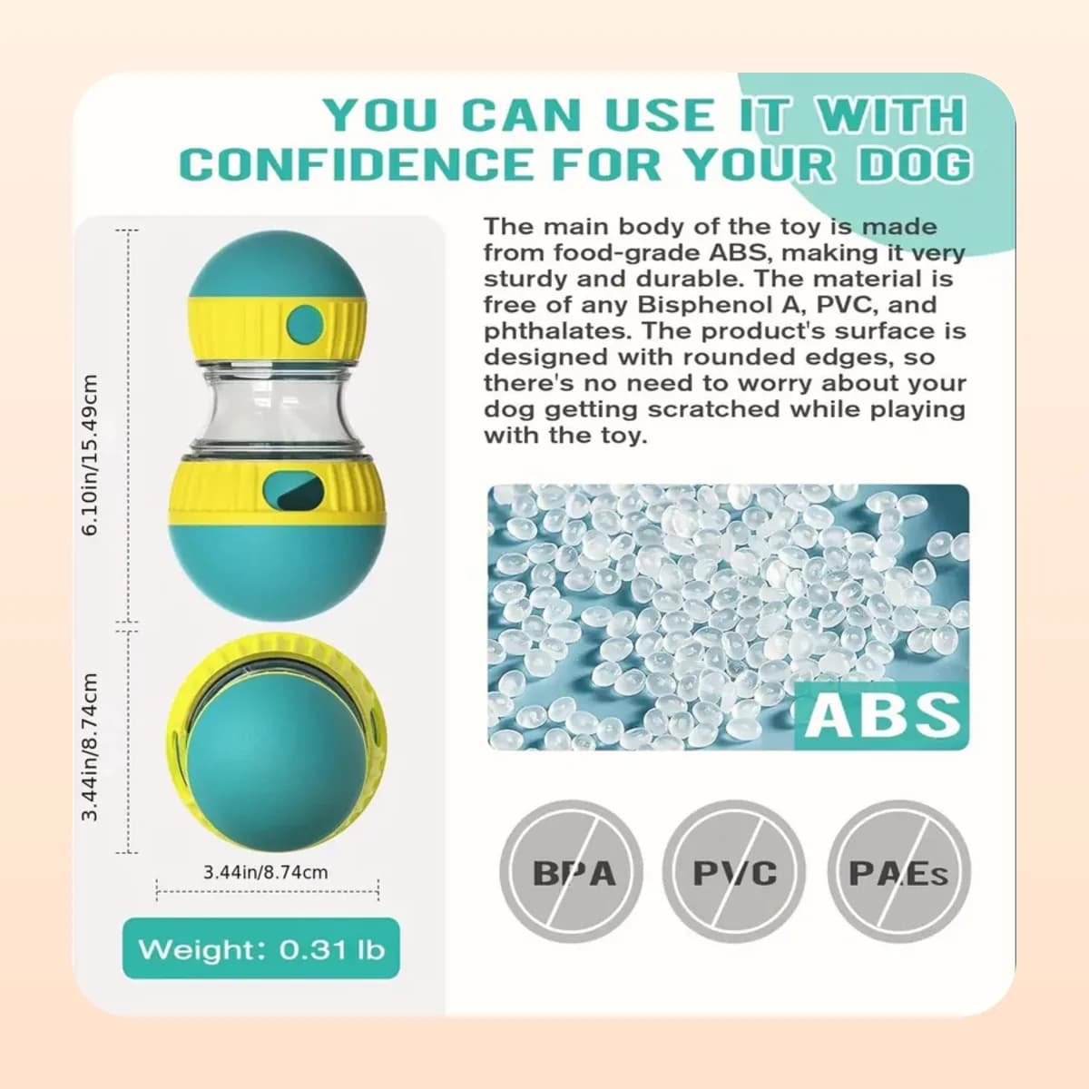 Kindral IQ treat dispenser dimensions and food-grade ABS construction