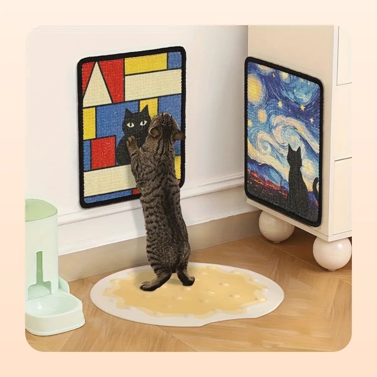 Cat scratching the round Kindral watermelon sisal mat hung on a wall