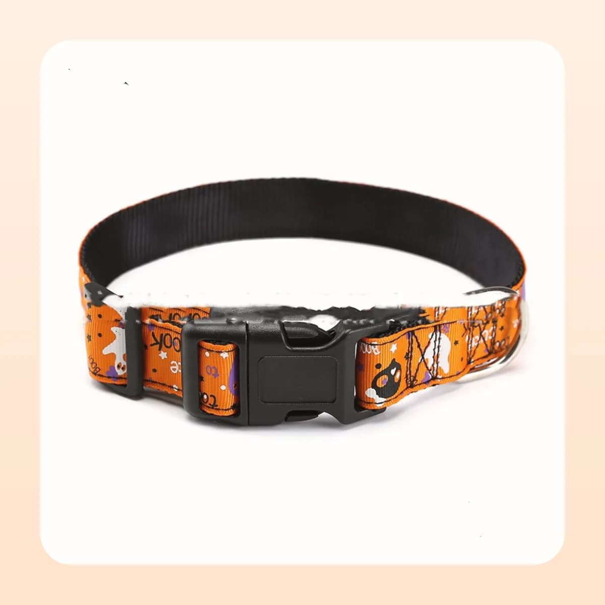 Kindral Halloween dog collar, orange with ghosts and BOO lettering