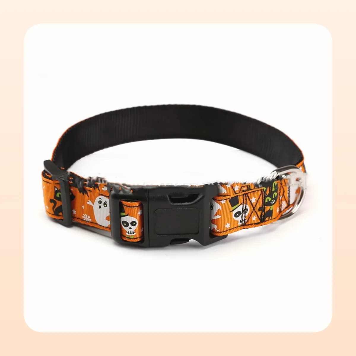 Kindral Halloween dog collar, orange with ghosts, a skull and a pumpkin
