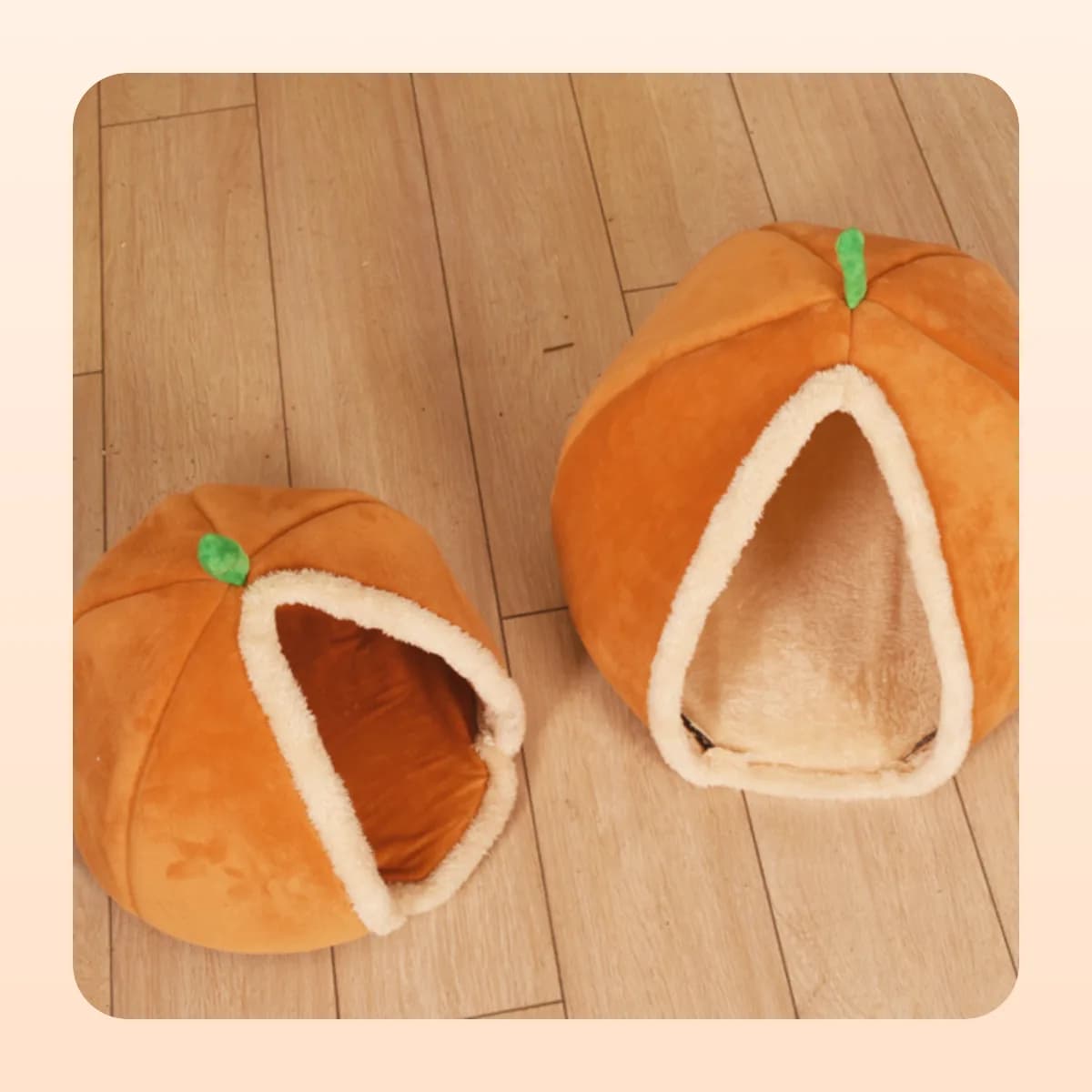 Both sizes of the Kindral pumpkin cave bed side by side