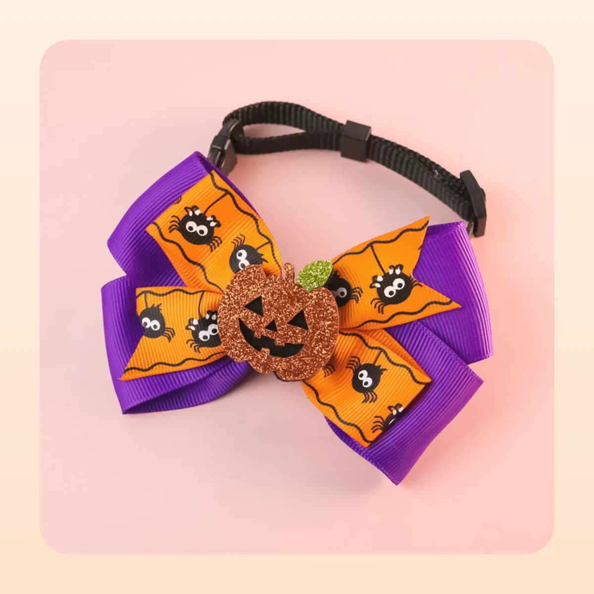 Kindral pumpkin bow tie collar in the orange and purple spider print