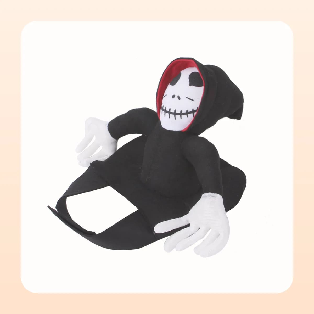 Kindral reaper rider costume showing the hood and printed felt face